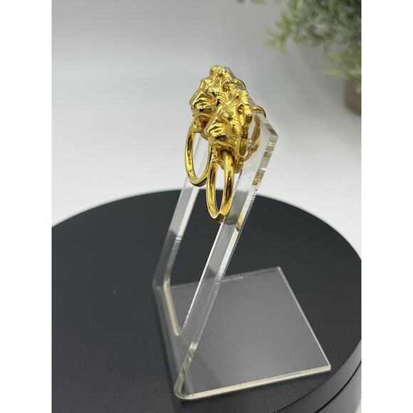 Vintage Lion Head Door Knocker Gold Tone Clip On Dangle Animal Earrings - Picture 5 of 10
